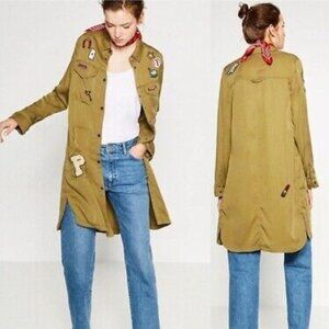 ZARA TRF Versatile Button Up Patch Shirt Dress Jacket Olive green
